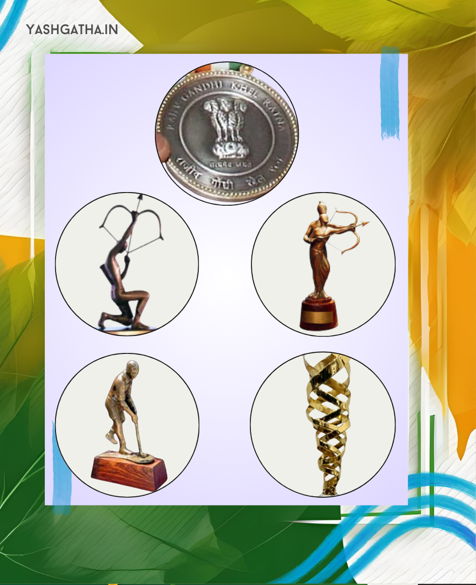 A colorful and dynamic collage celebrating the highest honors in Indian sports, featuring the Khel Ratna Award, Dhyan Chand Award, Arjuna Award, Dronacharya Award, and Rashtriya Khel Protsahan Award.