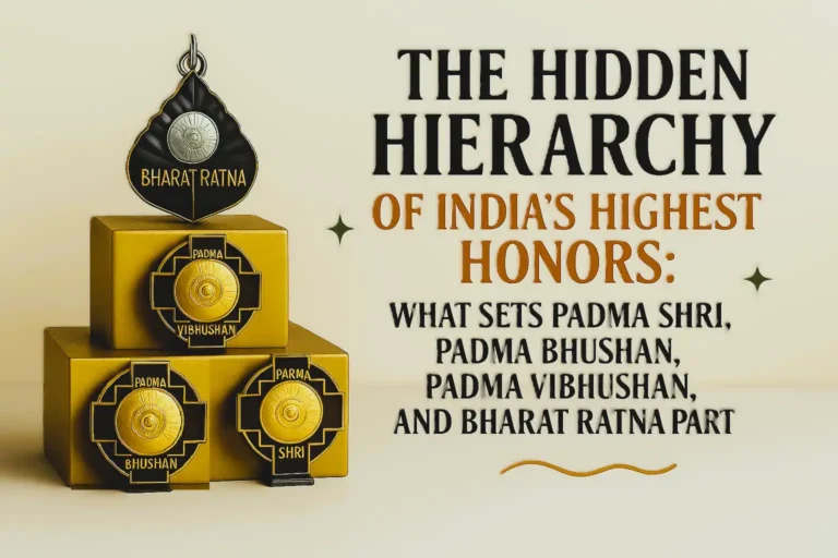 illustration showing Bharat Ratna at the top, Padma Vibhushan in the middle, and Padma Bhushan with Padma Shri at the bottom, arranged in a clear hierarchical display with the blog title text