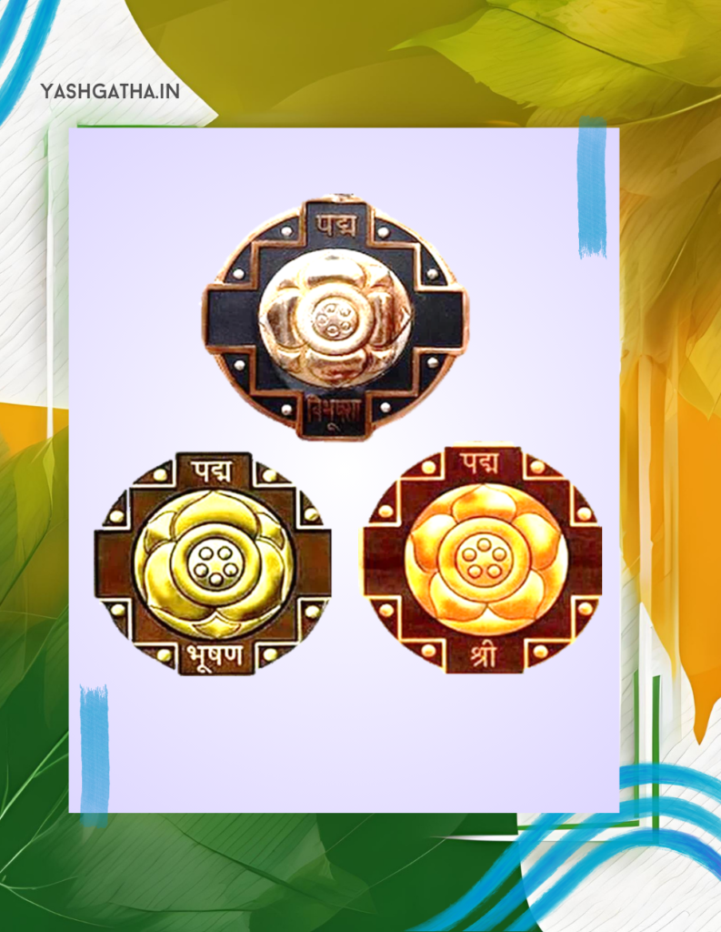 A poster showcasing all the Padma Awards, designed in a vibrant, eye-catching style. The poster features the distinct logos and details of each award, including the Padma Vibhushan, Padma Bhushan, and Padma Shri. Each award's section is color-coded with a distinct color scheme, making it easy to identify the different levels of the awards.