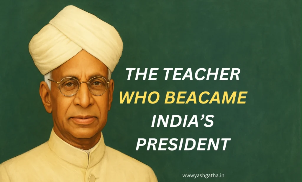Portrait of Dr. Sarvepalli Radhakrishnan wearing a white turban and cream Nehru jacket, symbolizing his journey from teacher to President of India.