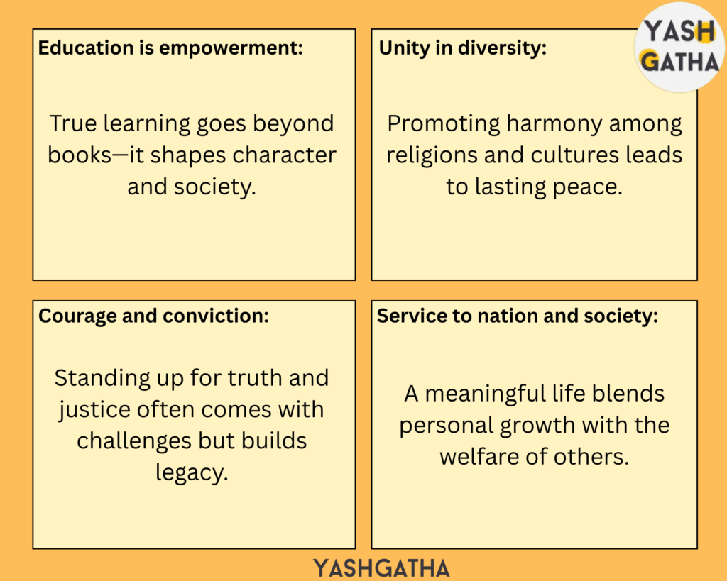 Four inspirational messages on education, unity, courage, and service with Yashgatha logo.