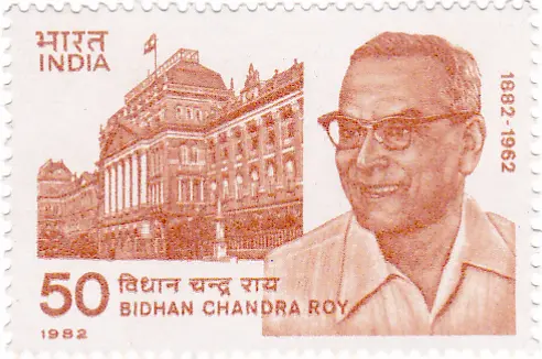 Commemorative Indian postage stamp (1982, 50 paise, burnt‑sienna tone) featuring a right‑side portrait of Dr. Bidhan Chandra Roy, with a detailed illustration of the Writers’ Building (West Bengal Secretariat) in the background.