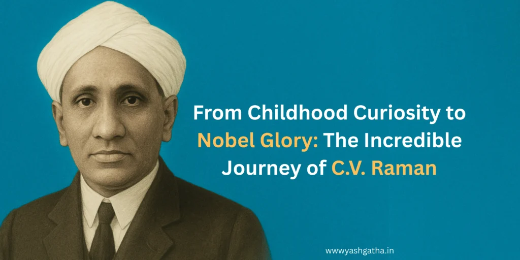 Banner featuring C.V. Raman with highlighted title text on a simple, elegant background.