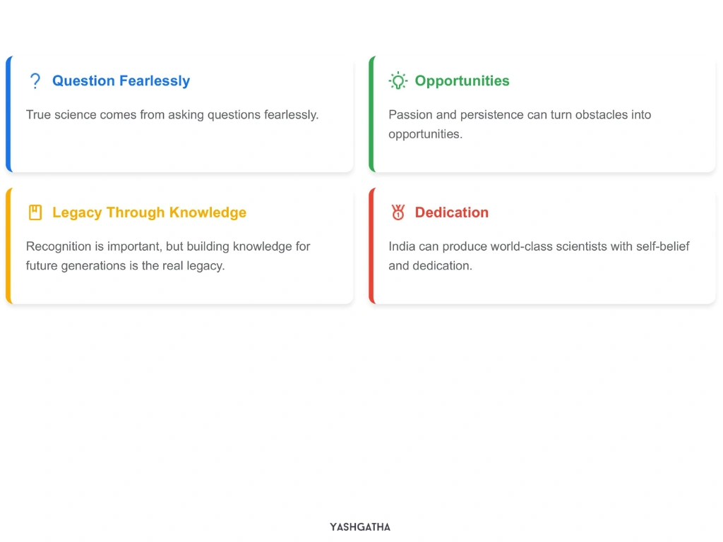 Four motivational principles: Question Fearlessly, Opportunities, Legacy Through Knowledge, and Dedication, each in colored boxes with icons.