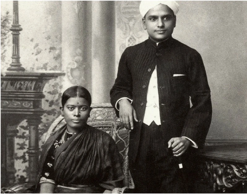 C. V. Raman standing beside his wife seated in traditional attire; on the right, a close-up portrait of C. V. Raman wearing a turban and formal suit.