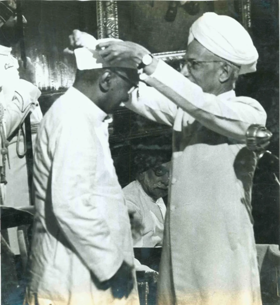 In 1957 at New Delhi, President Dr. Rajendra Prasad presenting the Padma Shri award to a recipient during a formal ceremony.