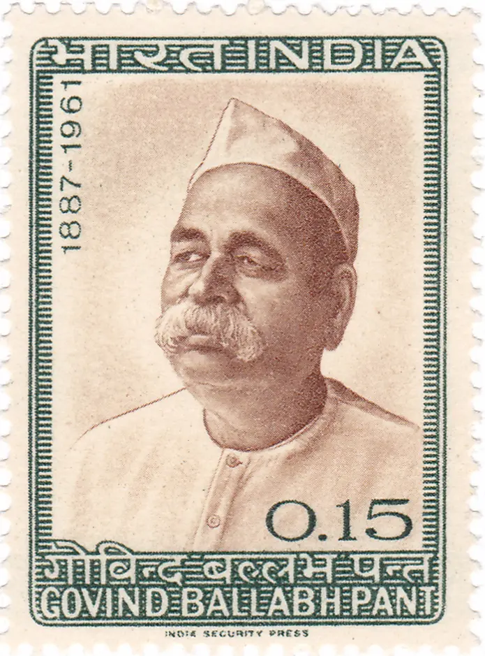 1965 Indian postage stamp featuring Govind Ballabh Pant, depicted in traditional attire with a cap.