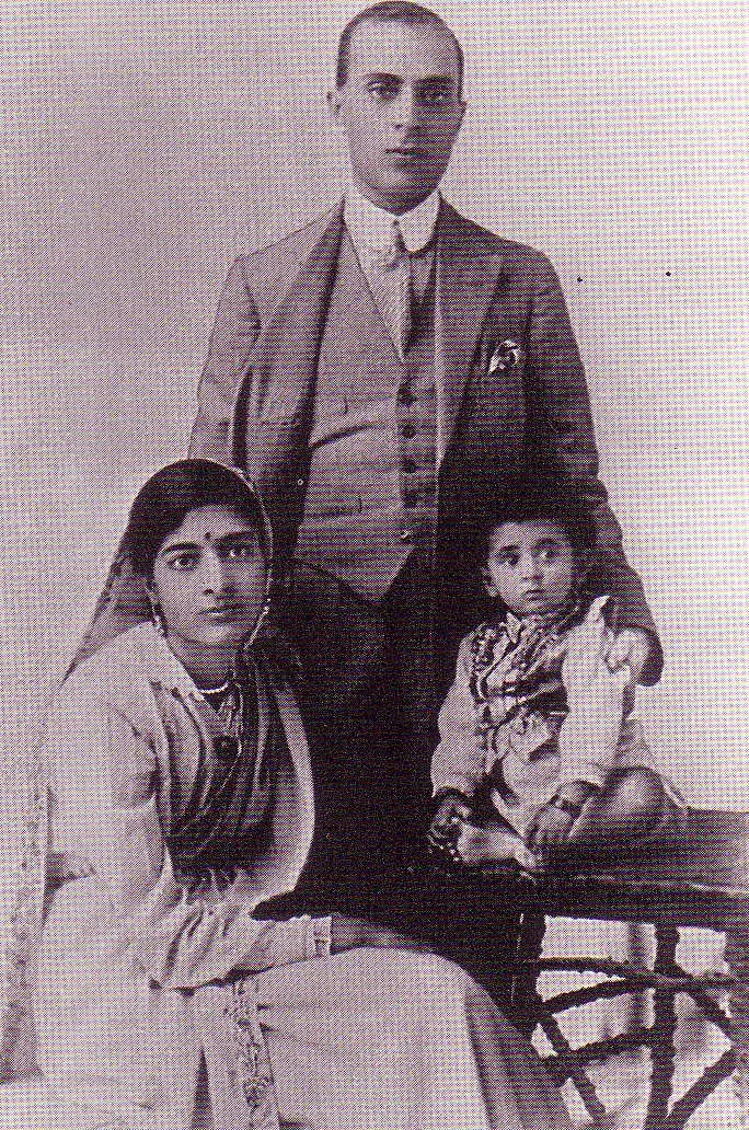 Vintage photograph of young Indira with her parents, Jawaharlal Nehru and Kamala Nehru.
