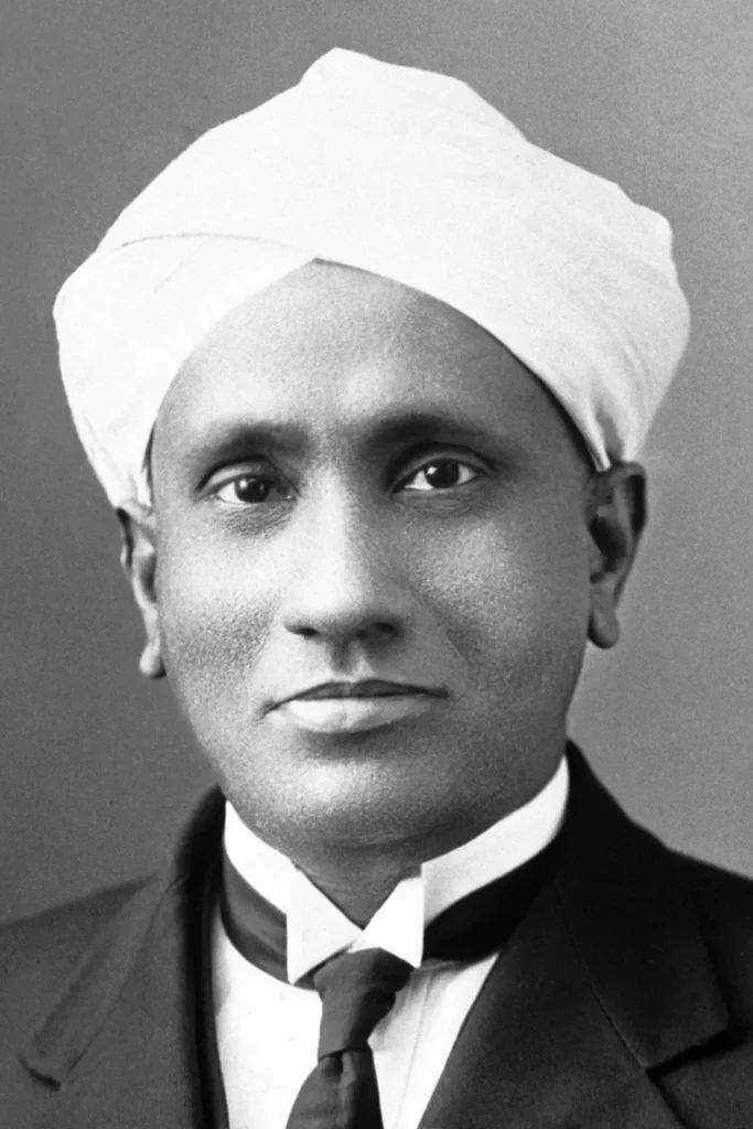 Sir C. V. Raman, Nobel Prize-winning Indian physicist, wearing a suit and turban, looking directly at the camera with a composed expression.