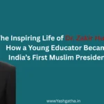 Black and white portrait of Dr. Zakir Husain wearing a cap and sunglasses. Overlay text reads: "The Inspiring Life of Dr. Zakir Husain: How a Young Educator Became India's First Muslim President."