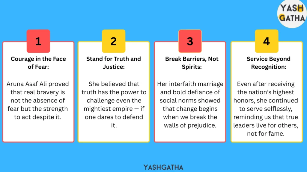 Aruna Asaf Ali’s life lessons — courage, truth, justice, breaking barriers, and service to the nation illustrated in four key values.