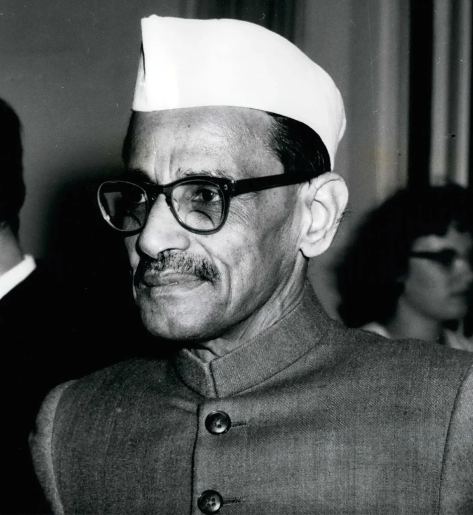 Gulzarilal Nanda, Indian politician, photographed on May 5, 1964, wearing a white Nehru cap and traditional attire.