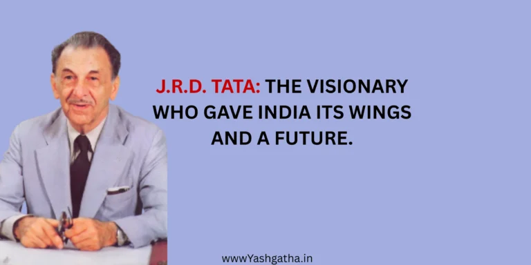 Portrait of J.R.D. Tata in a light suit, sitting at a desk and smiling, with the quote “The Visionary Who Gave India Its Wings and a Future” beside him.
