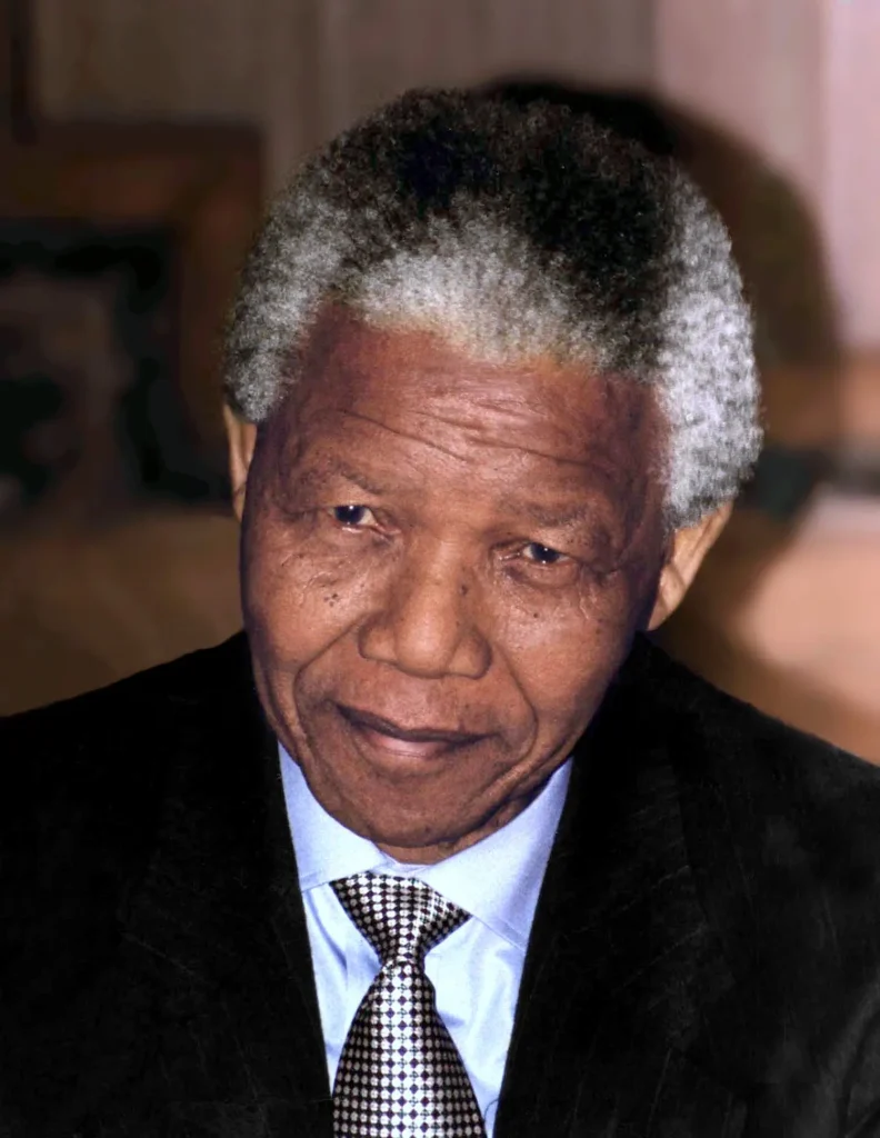 Nelson Mandela wearing a black suit, light blue shirt, and patterned tie, with a gentle smile and a calm expression.
