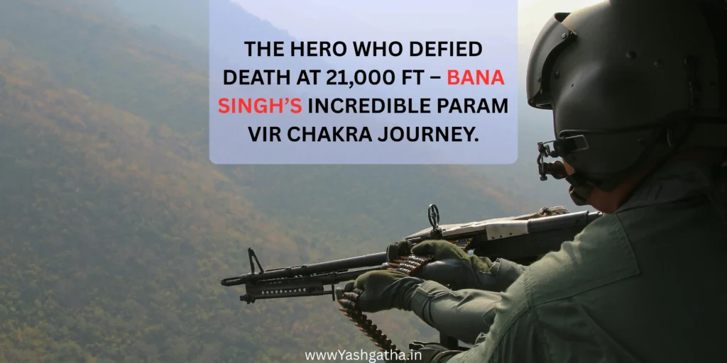 Indian Army soldier guarding high-altitude terrain symbolizing Bana Singh’s bravery at Siachen Glacier during Operation Rajiv.