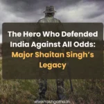 Soldier standing in a battlefield representing Major Shaitan Singh’s heroic legacy.