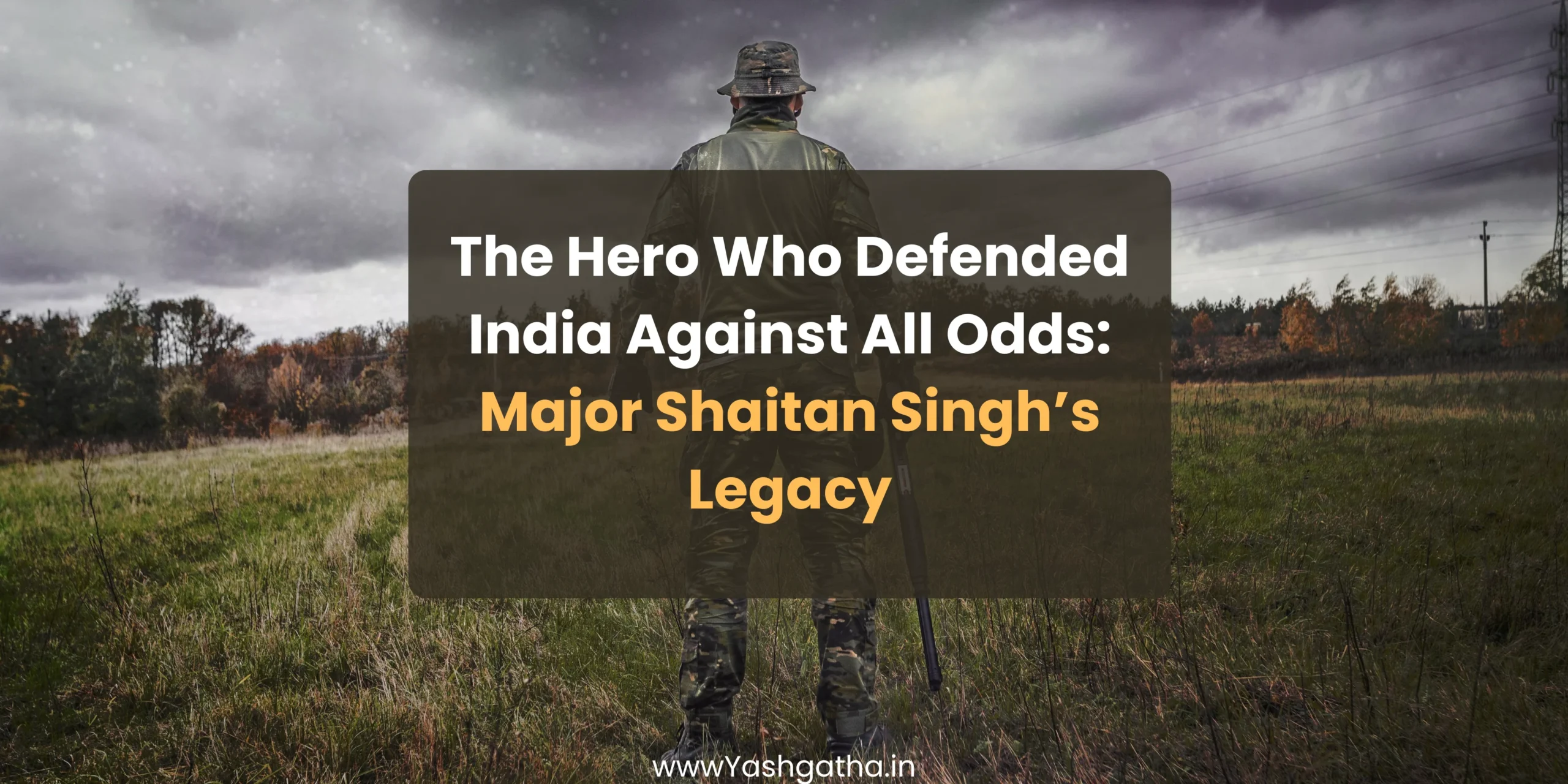Soldier standing in a battlefield representing Major Shaitan Singh’s heroic legacy.