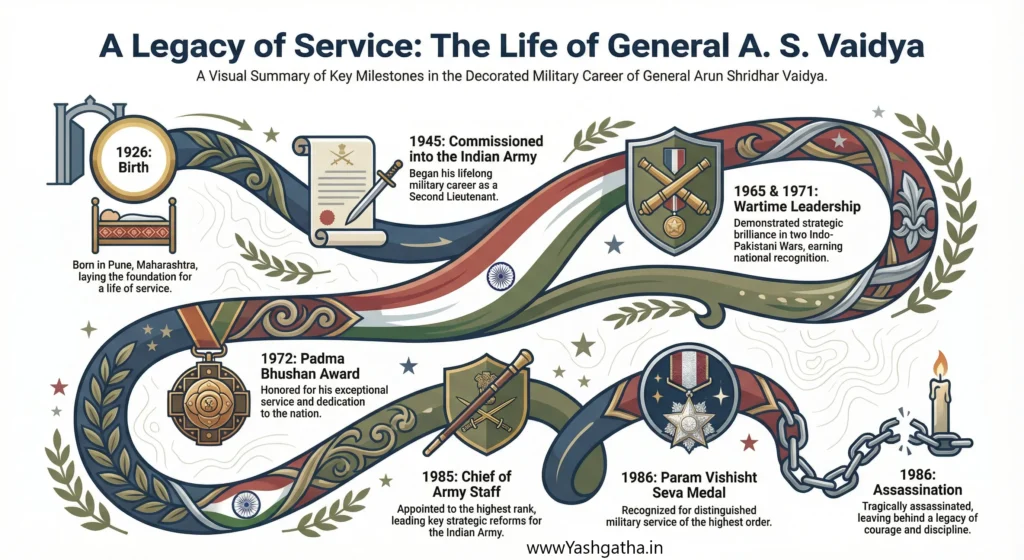 Timeline infographic of General A. S. Vaidya’s life showing birth, Indian Army career, wars, awards, and legacy.