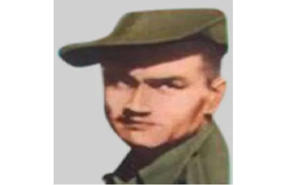 Colorized portrait of a man with a mustache wearing a military uniform and cap, facing slightly to the side.