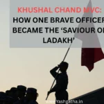 Indian Army soldiers raising a flag symbolizing Khushal Chand, MVC, the saviour of Ladakh