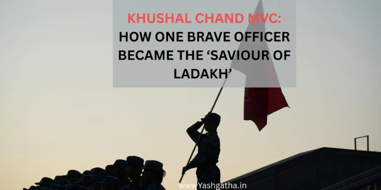 Indian Army soldiers raising a flag symbolizing Khushal Chand, MVC, the saviour of Ladakh