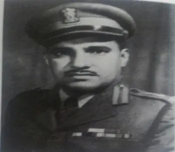 Black-and-white portrait of Lt. Col. Man Mohan Khanna in Indian Army uniform with cap and ribbons.