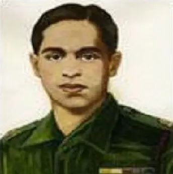 Portrait-style illustration of a young Indian Army officer in uniform, used in a tribute to Major A.K. Ramaswamy, MVC.