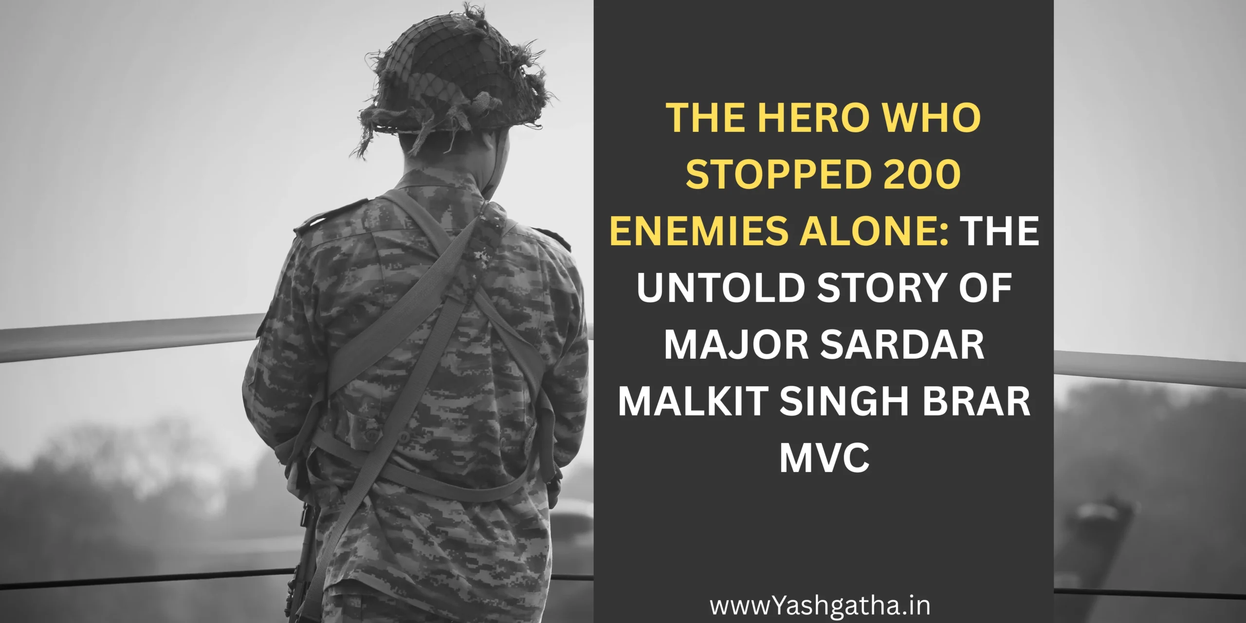 Black and white silhouette of an Indian Army soldier representing Major Sardar Malkit Singh Brar, Mahavir Chakra awardee.