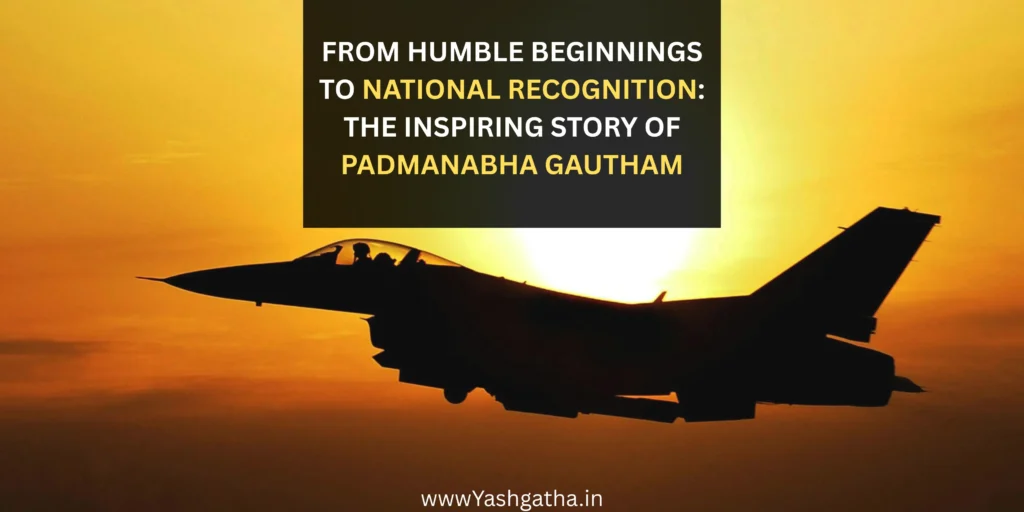 Fighter jet silhouette at sunset symbolizing the inspiring journey of Padmanabha Gautham from humble beginnings to national recognition.
