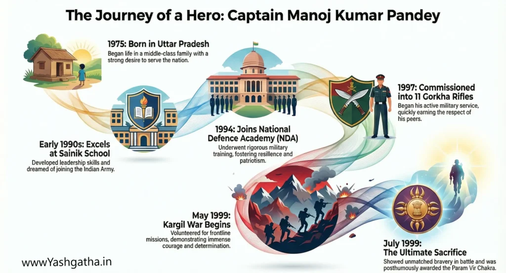 Infographic showing the life journey of Captain Manoj Kumar Pandey from childhood and NDA training to the Kargil War and Param Vir Chakra honor