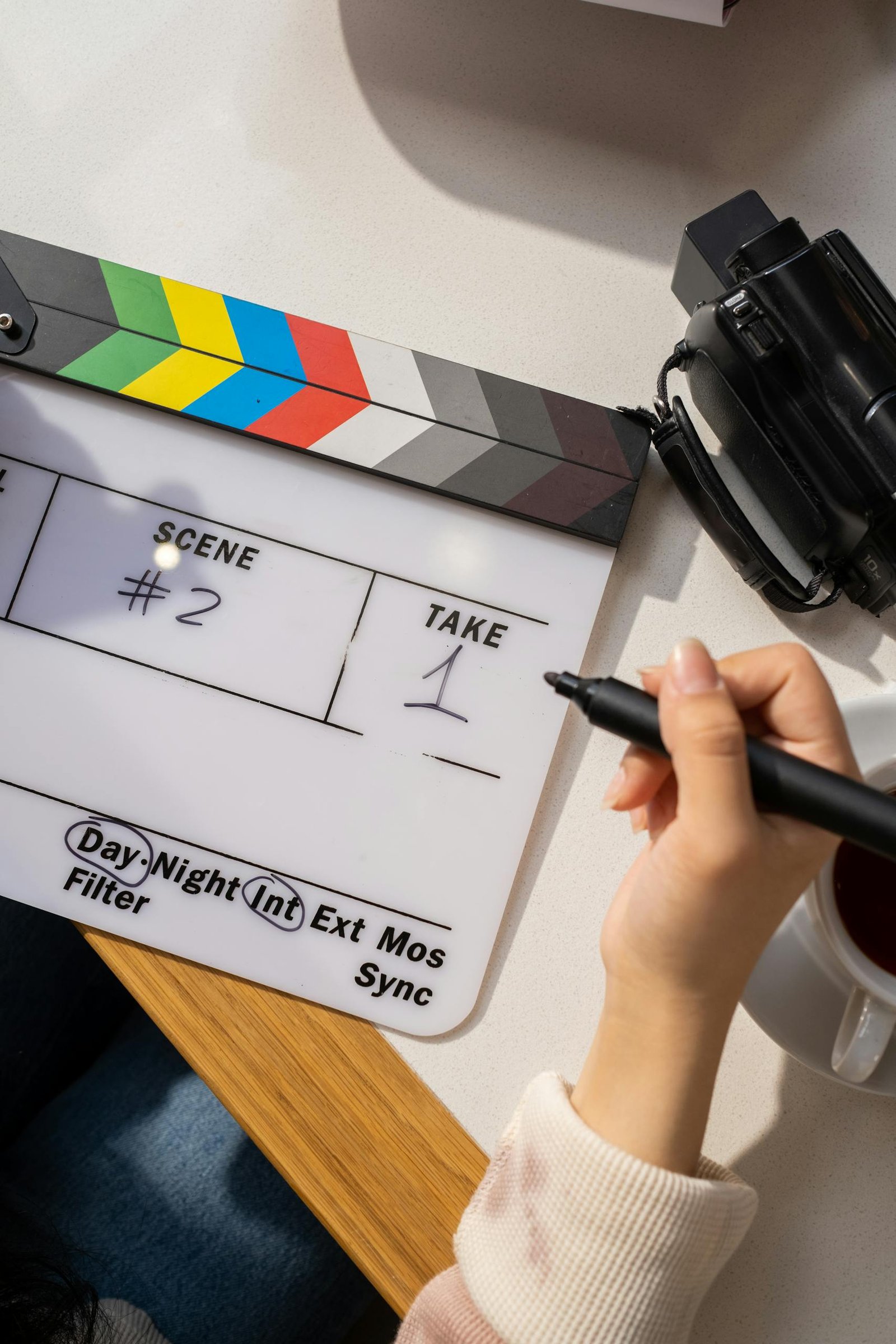 Hand holding pen near film slate with camcorder, ideal for filmmaking concepts.